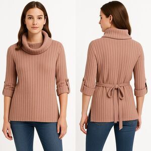 Parallel Skies XL Ribbed Turtleneck Sweater Mauve Tie-Waist Side‎ Slits